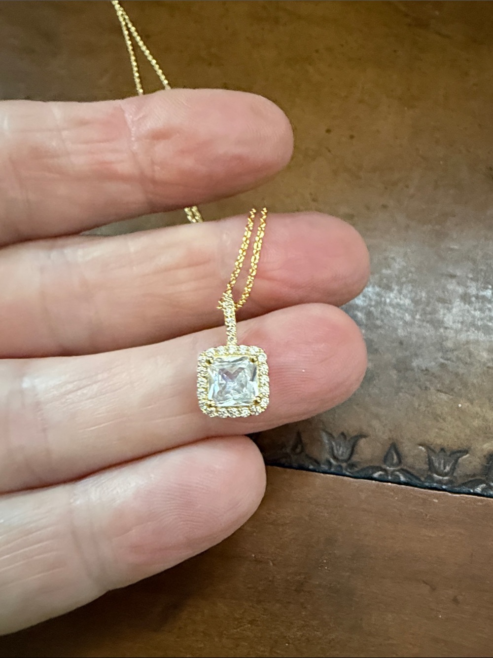 Must Have Gold Square Halo Pendant Necklace with Clear Stone - Women Jewelry - Picture 4 of 6
